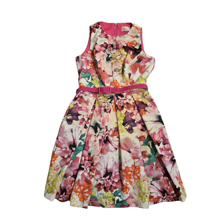 Eliza J Belted Floral Print Faille Fit Flare Dress 4P Petite Pink Easter Spring