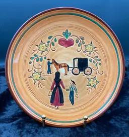 Vintage Pennsbury Pottery Amish Woman and Child Plate, Horse & Buggy, 8"