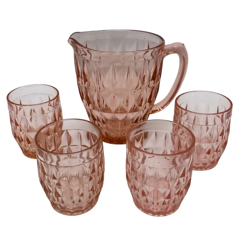 Vtg. Jeanette Glass Pink Windsor 52 oz. Pitcher w/Four 9 oz. Flat Tumblers, MINT
