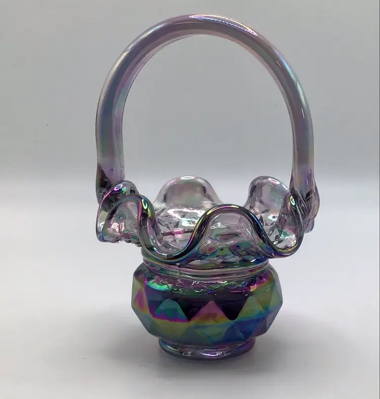 Vintage Fenton Iridescent Glass Basket With Handle 4.25”