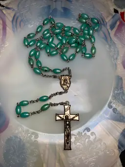 Rosary with Green Plastic Beads and Silver Tone Chain and Cross 