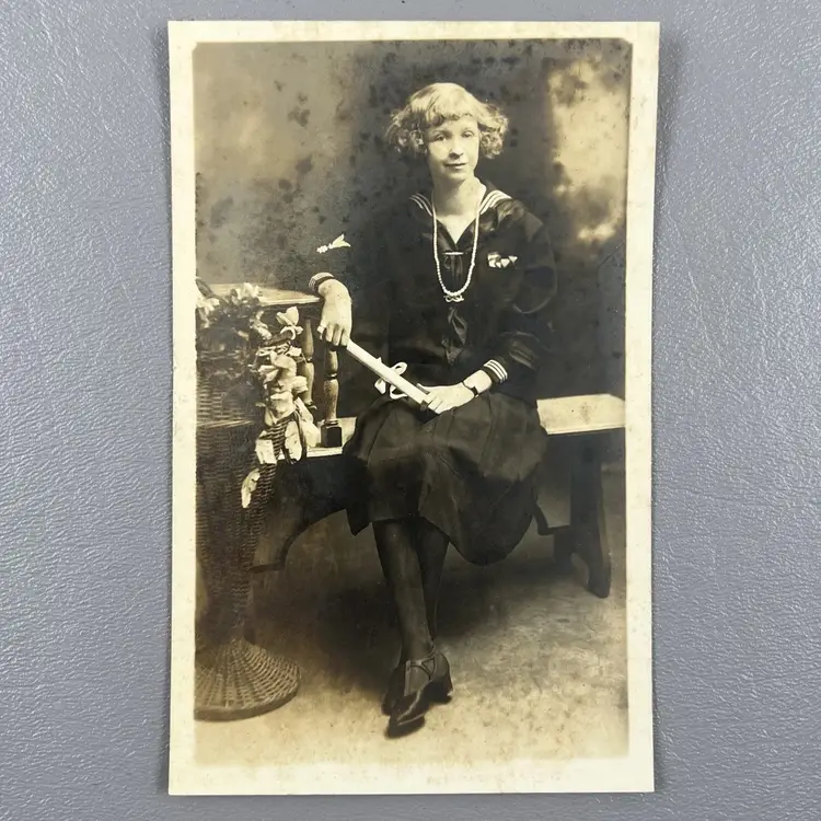 Antique Photo Young Lady Graduation Photo Sailor Dress Identified Blonde Hair Short Bob