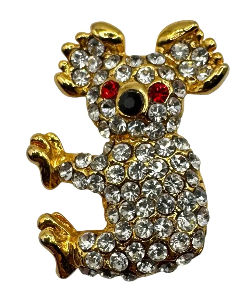 Vintage Crystal Rhinestone Koala Bear Brooch Pin Australia Animal Gold Tone