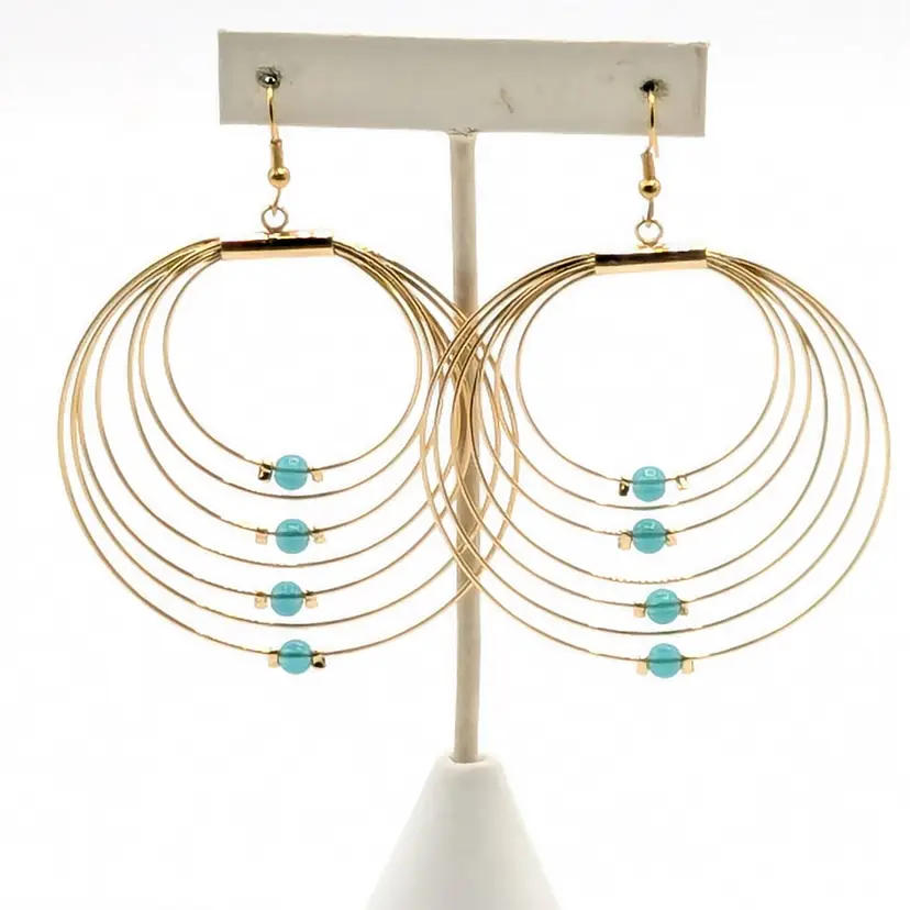 Gold Tone LARGE Hoops Turquoise Color Beads Pierced Earrings