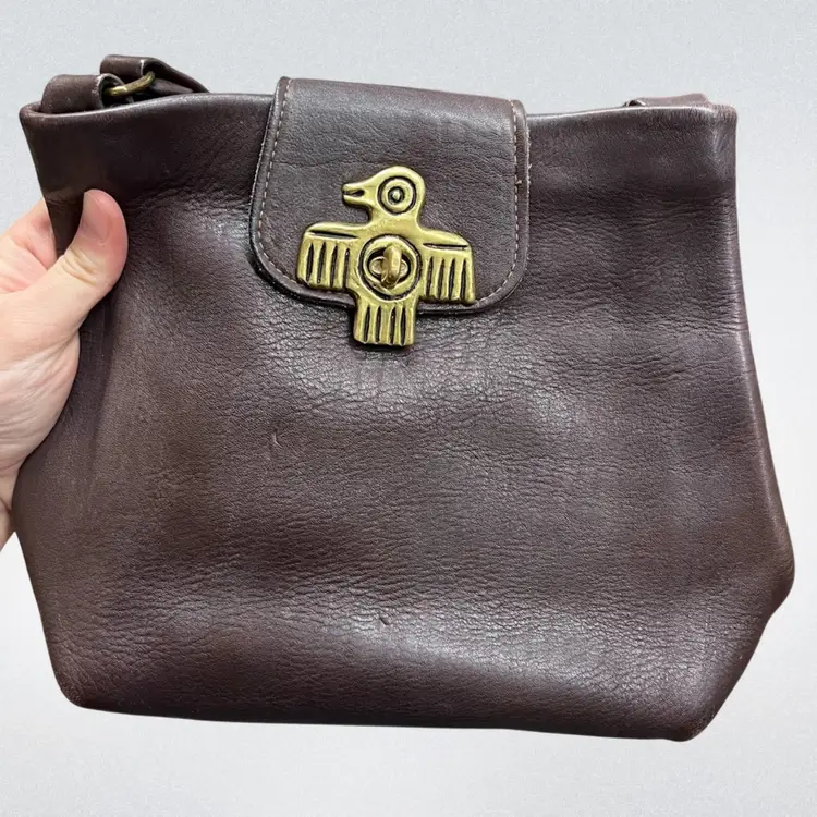 Enid Collins Of Texas Vintage Leather Purse With Brass Thunderbird Clasp, Vintage Collins Of Texas Dark Brown Leather Handbag With Brass Bird Clasp, Vintage Leather Shoulder Bag