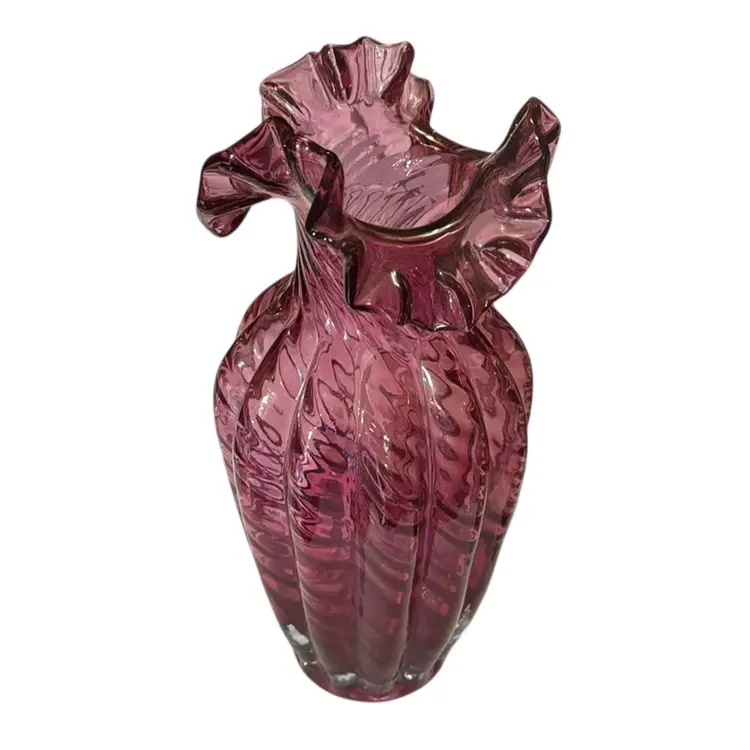Double Swirl Cranberry Optic Handblown Ruffled Rim Vintage Fenton Vase - 11.5”