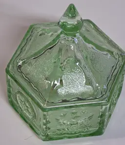 Vintage Green Glass Hexagonal Trinket Box