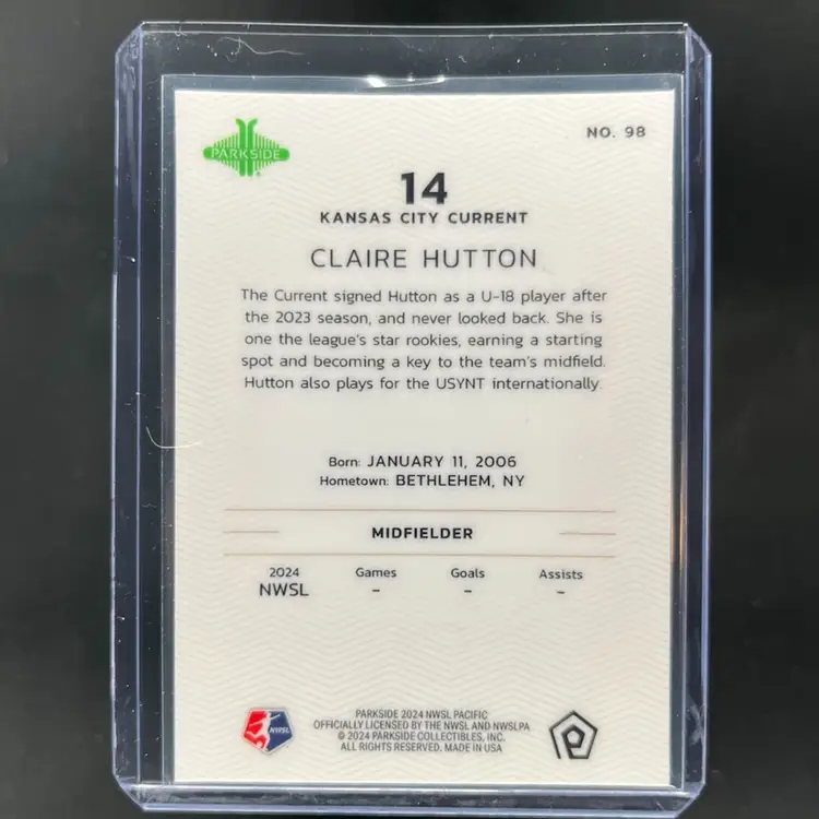 Claire Hutton 2024 Parkside Pacific NWSL Pink 17/25 Soccer Card