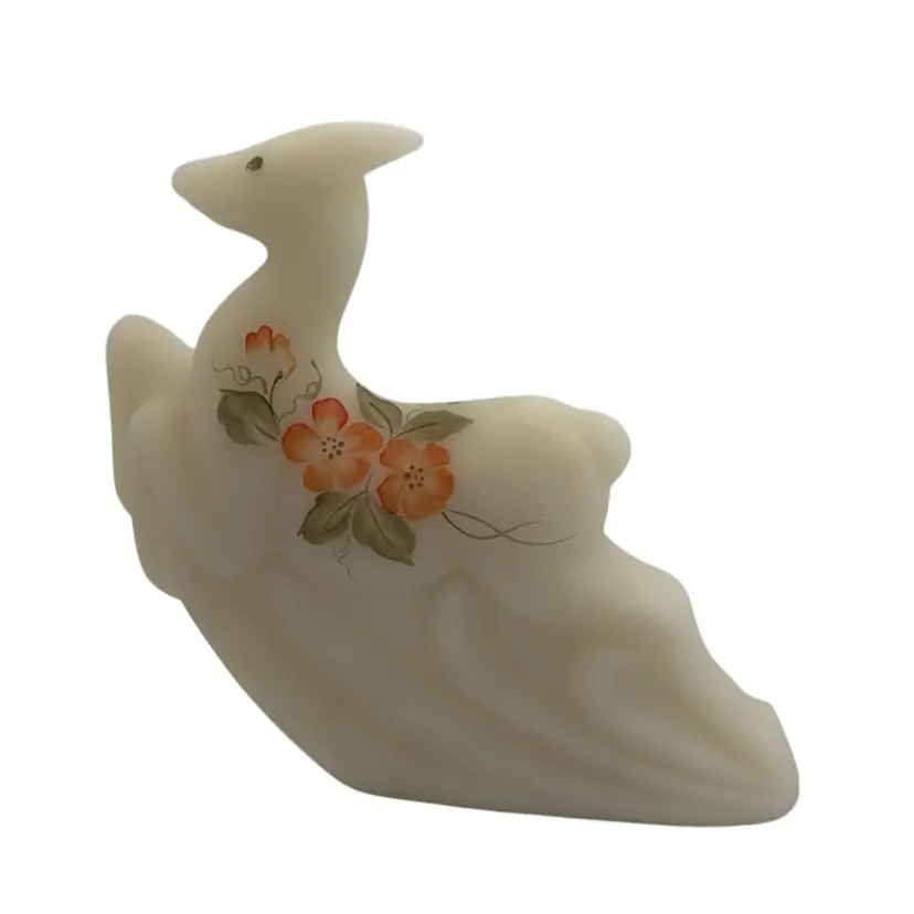 Fenton Rare Hand Painted Opal Satin Custard Glass Christmas Reindeer - Signed 6”x6”