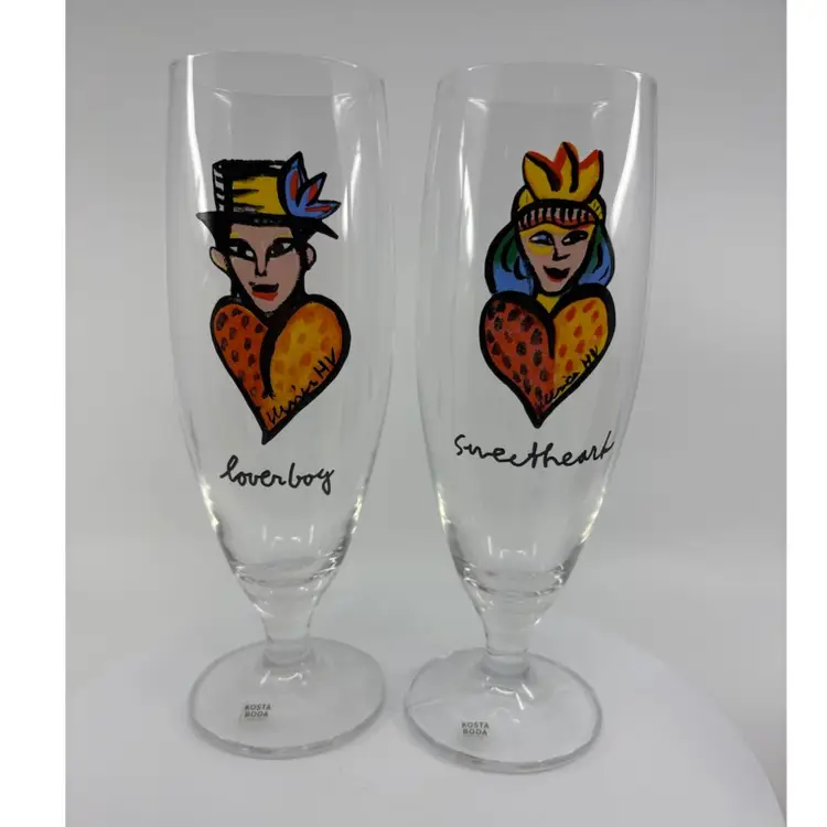 Kosta Boda Ulrica Vallien Friendship Series Pilsner 16oz Glass Set 8.5”