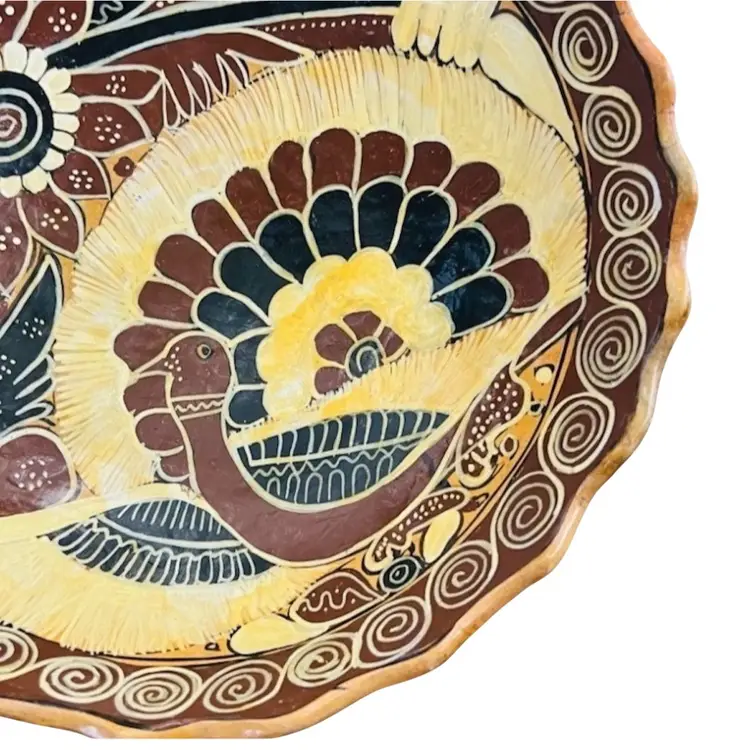 Vintage Pottery Footed Tonala Bowl Turkey Bird Folk Art Wall Art