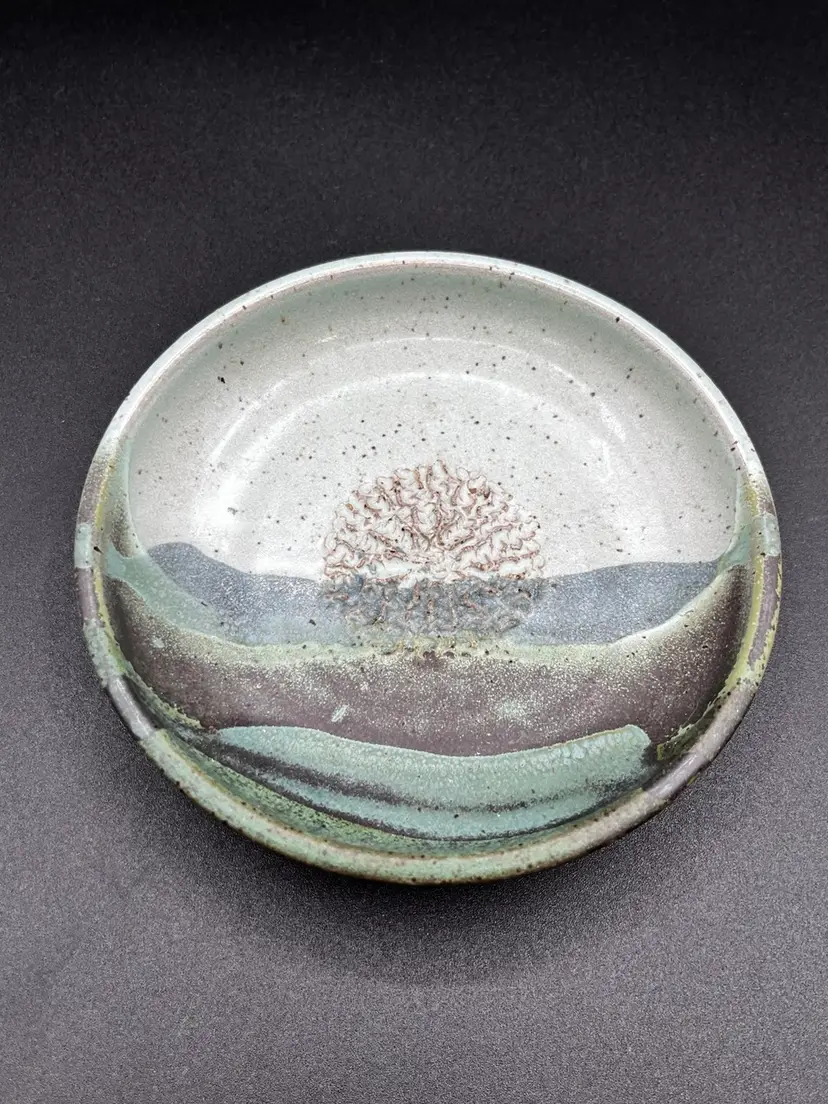 Signed 2010 Sea Tone Blue/Gray Redware Pottery Garlic Masher Plate 6"