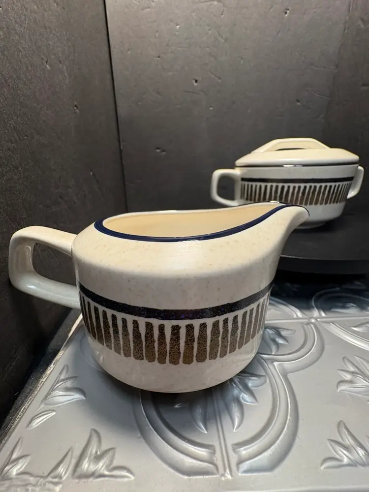 Vintage MCM Lenox Temper-Ware Creamer and Sugar Bowl Set: Mid-Century Percussion Pattern