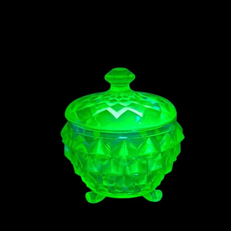 Vintage Uranium Sugar Powder Jar W/Lid Jeannette Cubist Green Depression Glass Glows
4-1/2” T x 3-1/2” W (top)