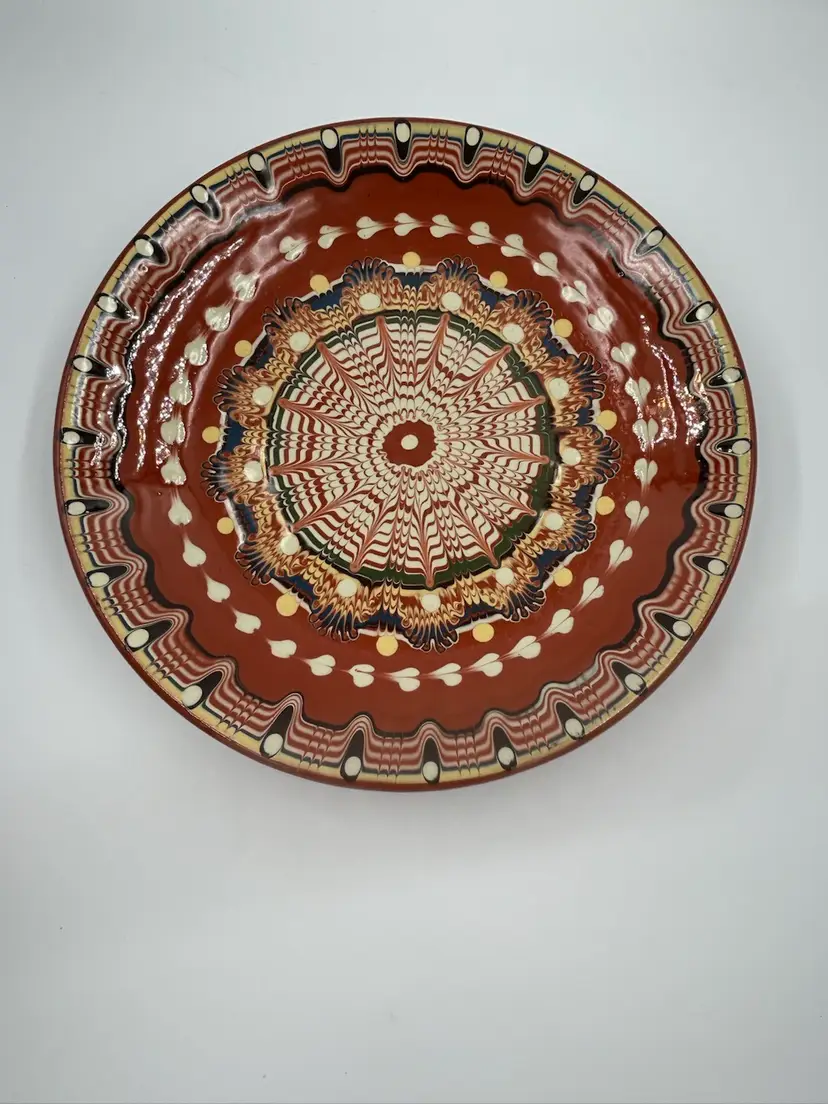 Vintage Hand Painted Ceramic Bulgarian Folk Art Plate, Peacock Eye Motif