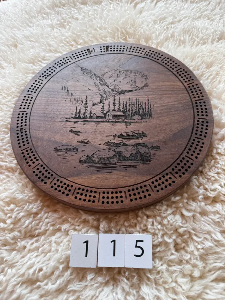 Round Walnut Cribbage Board -115
