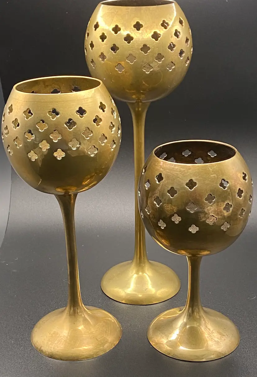 3 Brass Verticulated Candle Holders