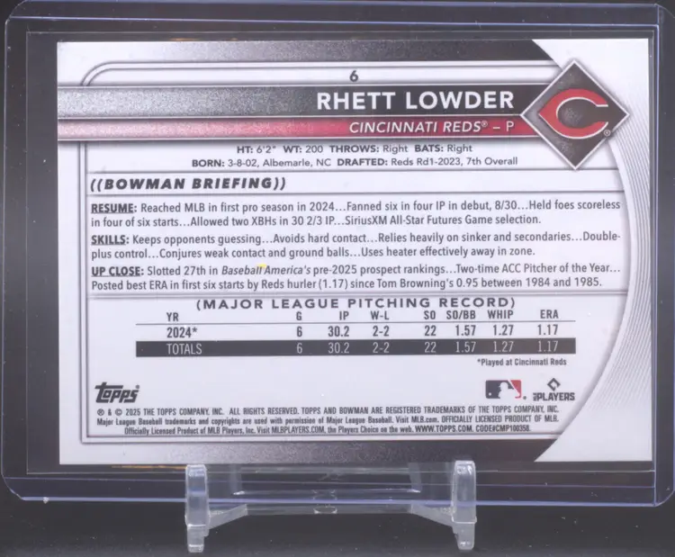 2025 Bowman Sky Blue /499, Rhett Lowder RC, Cincinnati Reds