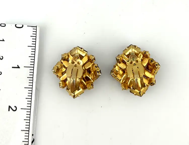Vintage Gold Tone Amethyst Rhinestone Clip-on Earrings 1.25”
