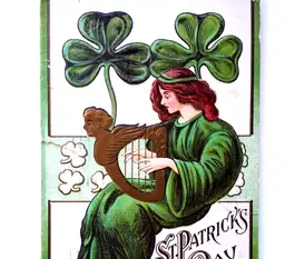 St Patrick's Day Postcard Women Playing Harp Clovers Lions Head Embossed Torn