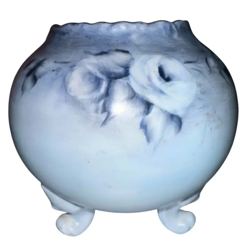 Blue Floral 3 Legged Ball Vase Planter Signed Sallie Pope