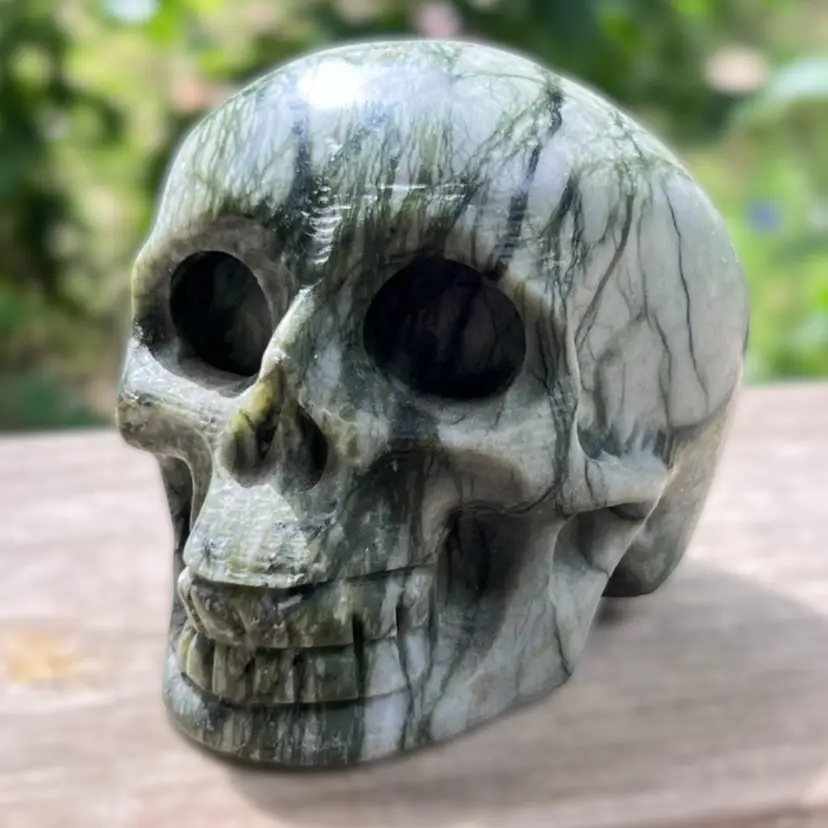3” Tall Green & White Picasso Jasper Carved Stone Skull.