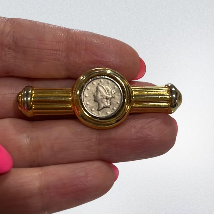 02. Vintage Victorian Style Silver & Gold Tone Coin Medallion 2” Brooch