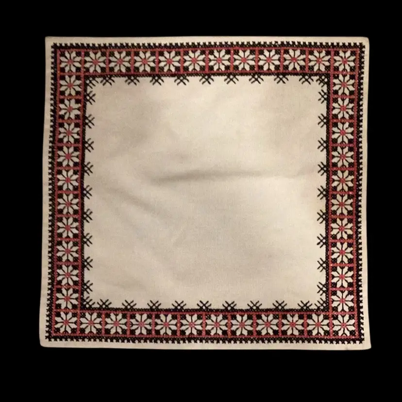 Pretty Pink And Black Vintage Hand Embroidered Table Decor Snowflakes Or Flowers 13 X 13.5 Inches