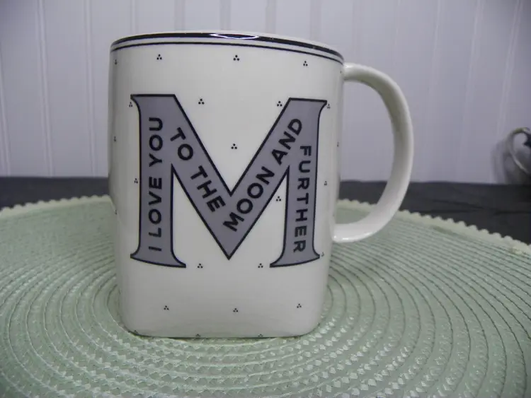 Anthropologie Monogram "M" Stoneware Mug "I love you to the moon and further"