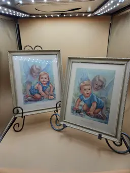 2 Guardian Angel w/Baby Girl & Boy Framed Pictures 9" x 11"