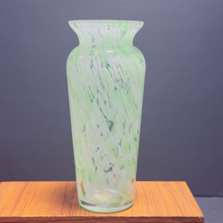 #1393 Royal Limited Crystal, Taiwan, Green Glass White Spatter 7.5” Flared Rim Vase