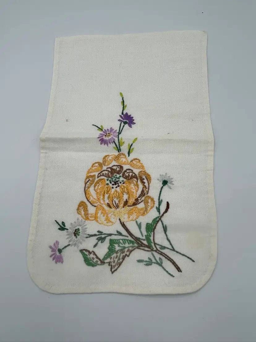 Vintage Hand Embroidered Chair Or Arm Rest Cover Yellow Floral