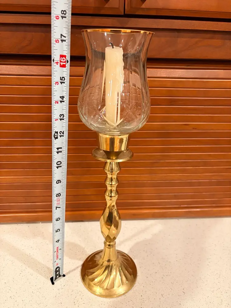 Heavy Brass Candlestick With Gold Rimmed Hurricane