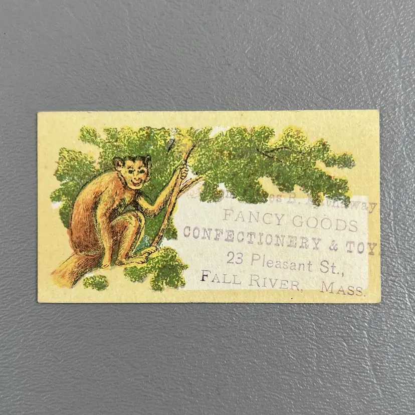 Victorian Trade Card Monkey Tree Fall River Mass. Fancy Goods 3"