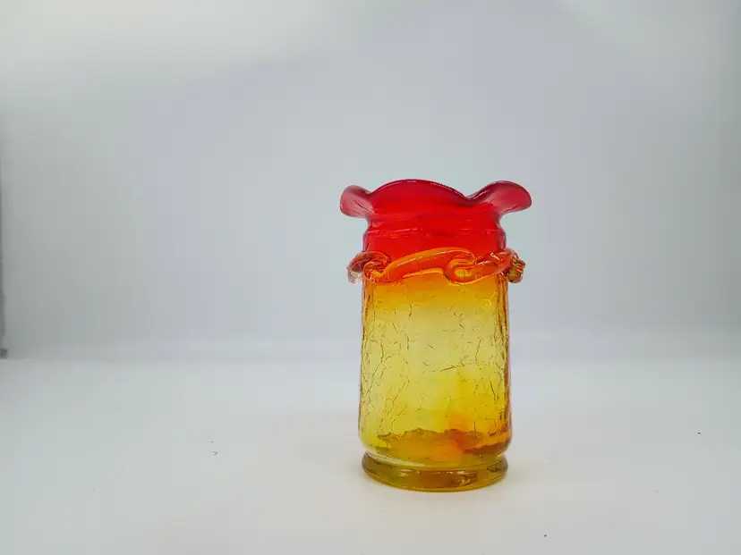 Vintage Kanawha Amberina Crackle Glass  Vase Red Yellow Applied Ruffles 4"  UV Reactive.