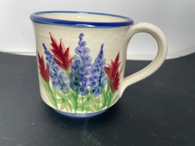 Purple Hyacinth Flowers Studio Pottery Mug Hand Thrown Tea Coffee Signed