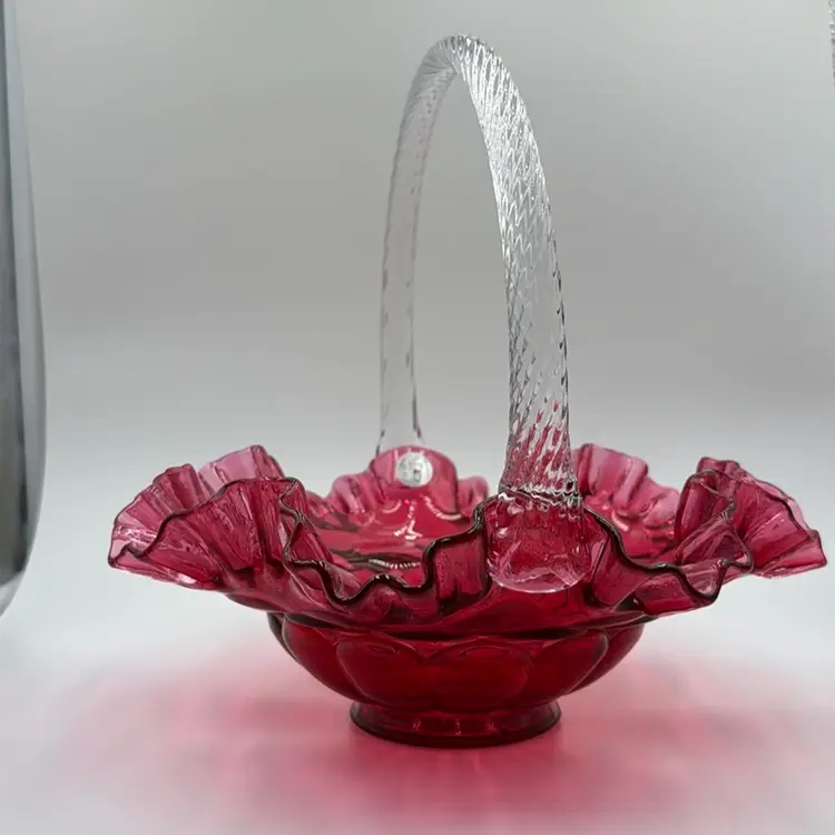 Fenton 95th Anniversary Cranberry Brides Basket: Ruffled Edge, Twisted Glass Handle