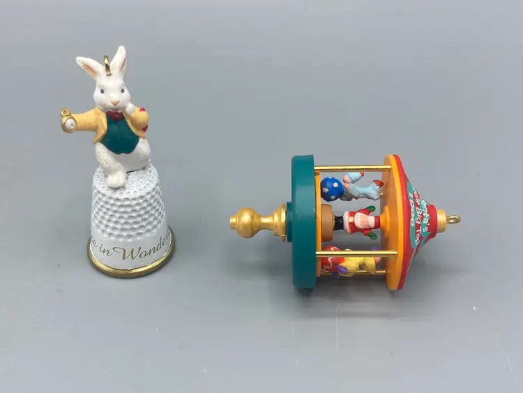 Vintage Miniature Hallmark Keepsake Ornaments 1997 Alice In Wonderland Rabbit Thimble & 1996 Santa's Little Big Top