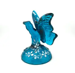 Signed Hand Painted Turquoise Fenton Glass Butterfly 4”x 4”x 5”