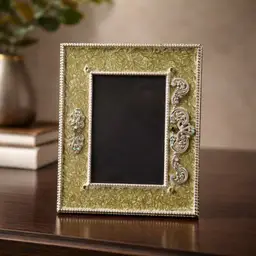 Vintage Sage Green Enamel over Metal Picture Frame w/ Green Rhinestones, 5.25" x 4.25"