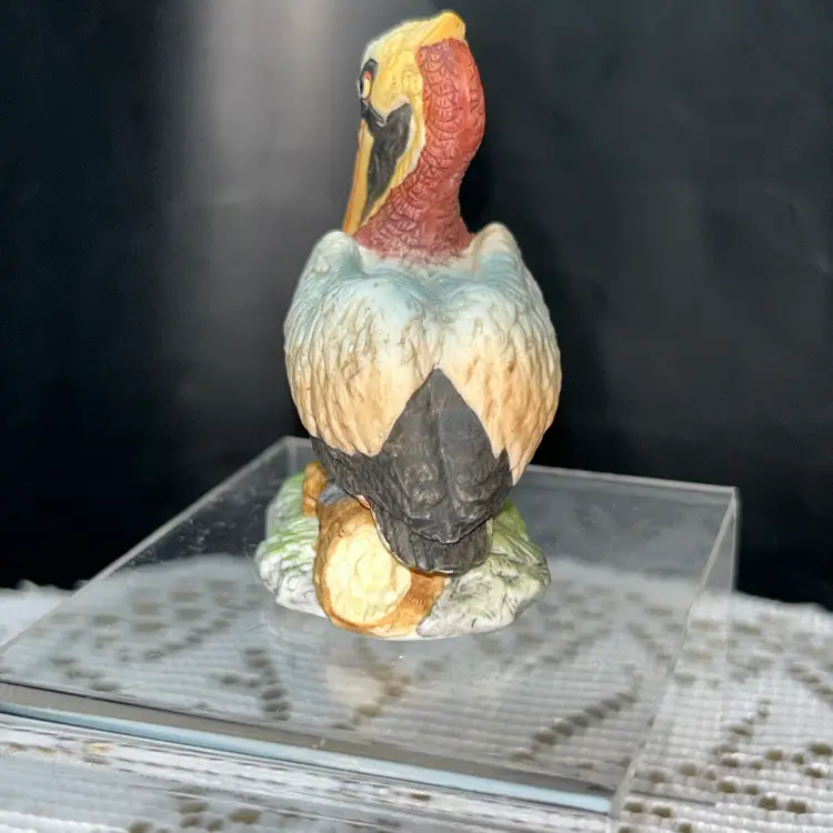 Vintage Lefton China Hand Painted Pelican Bird On Wood Log -1983 Hand Painted  Porcelain Figurine #04006