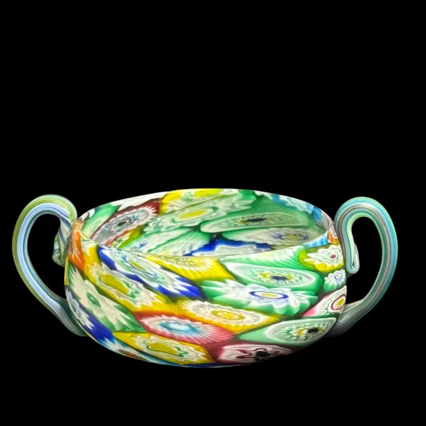 Antique Millefiori Multi Color Bowl Satin Finish With Striped Handles Fratelli Toso? Circa 1900βs
3-1/4β Opening x 4-1/2β Handle To Handle