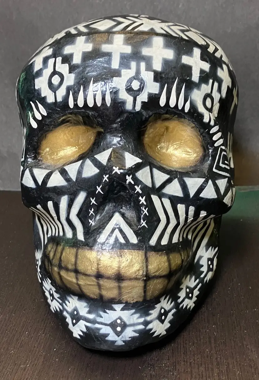 Mexican Folk Art Paper Mache Day Of The Dead Skulls 6”Inch B&W