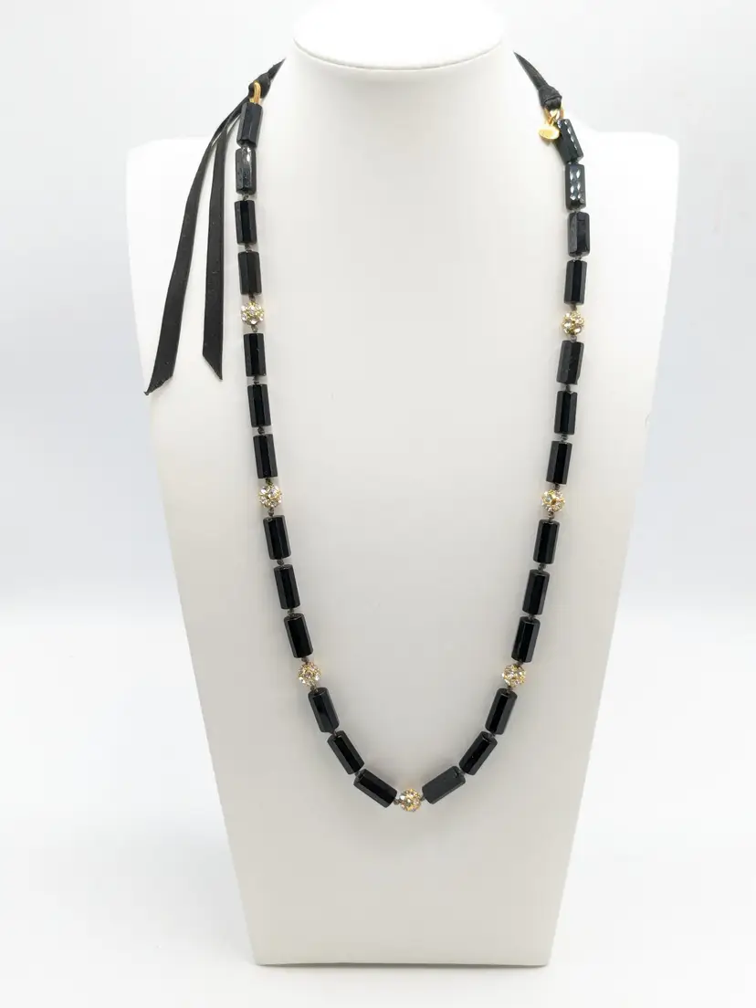 J Crew Black Glass Beads with Rhinestones Necklace Hand Knotted Gold Tone