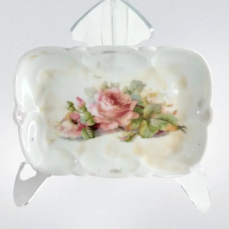 Pink Roses & Leaves Porcelain Trinket Tray. Made in Germany. Great For Jewelry.
