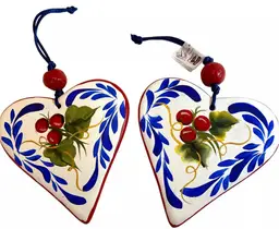 Gio Ceramic Hand Painted Folk Art Heart Shaped Christmas Ornament Set of 2 Mexico Pottery
