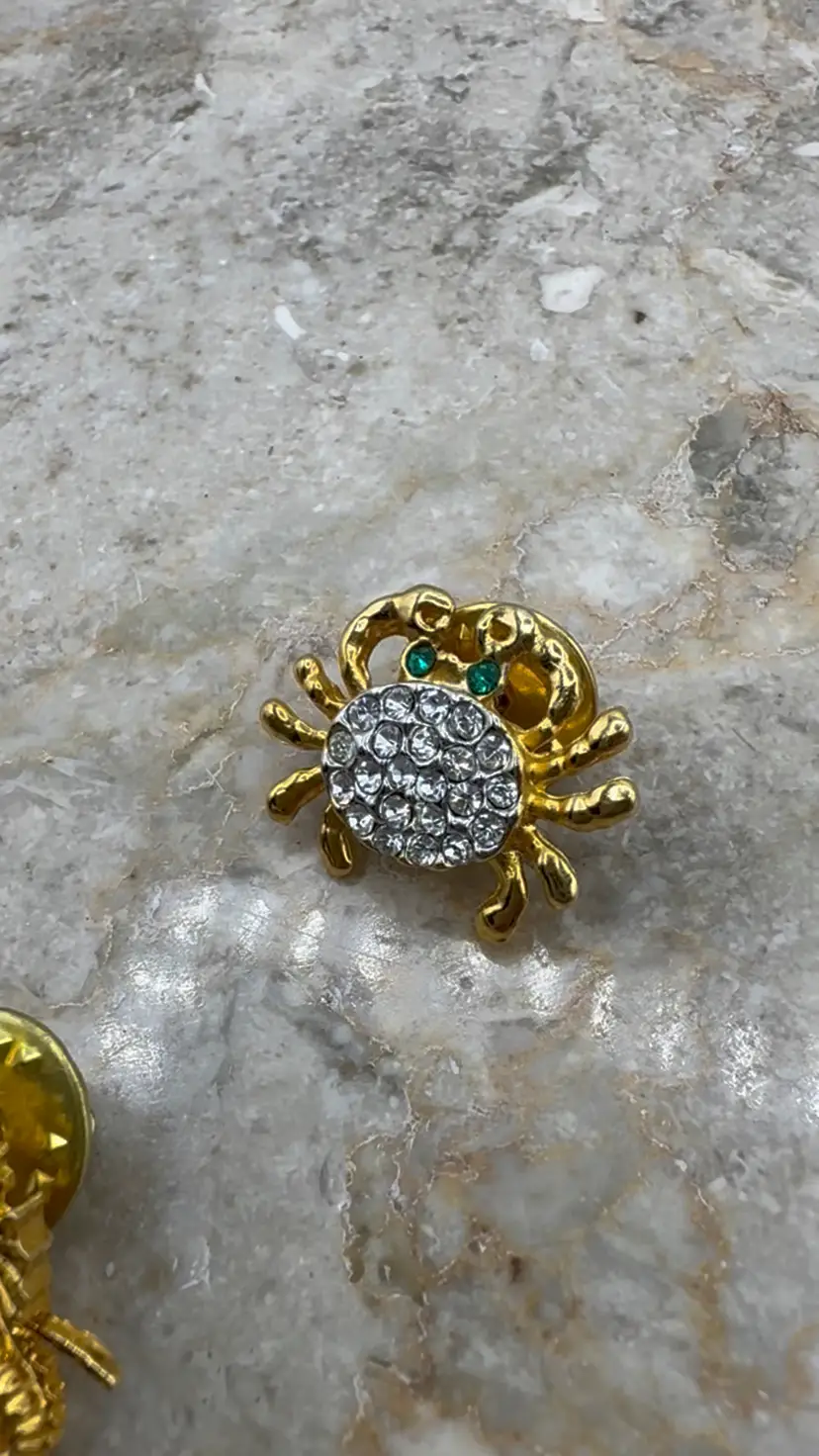 Vintage Set Of 3 Gold Tone & Rhinestone Nautical Tack Pins With Their Stoppers