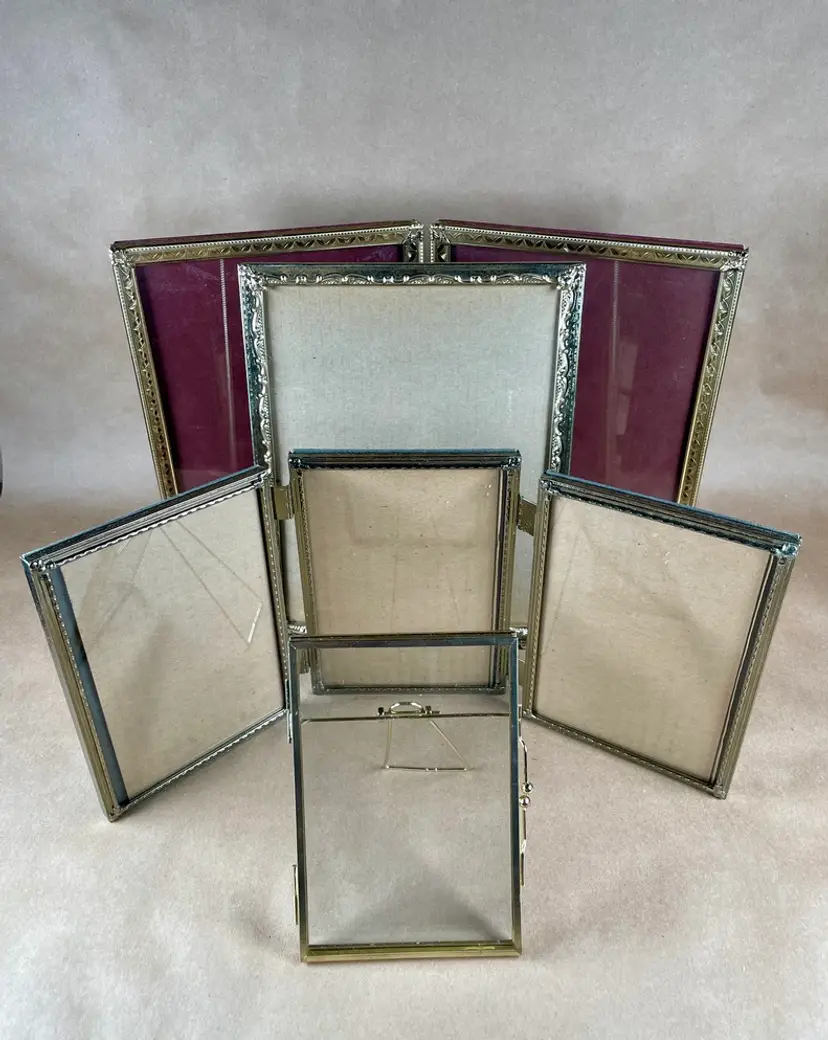 Vintage Tri-Fold Bi-Fold Single Embossed Gold Tone Metal Lot of 4 Picture Frames