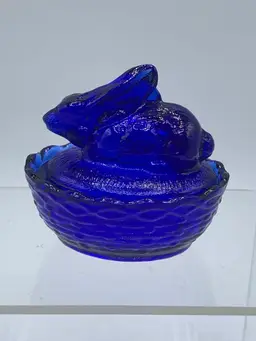 McKee Glass Mini Bunny On Nest Cobalt Blue, Stamped McKee , Vintage