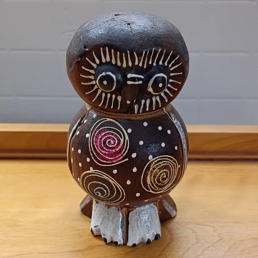 Carved and painted wooden owl figurine